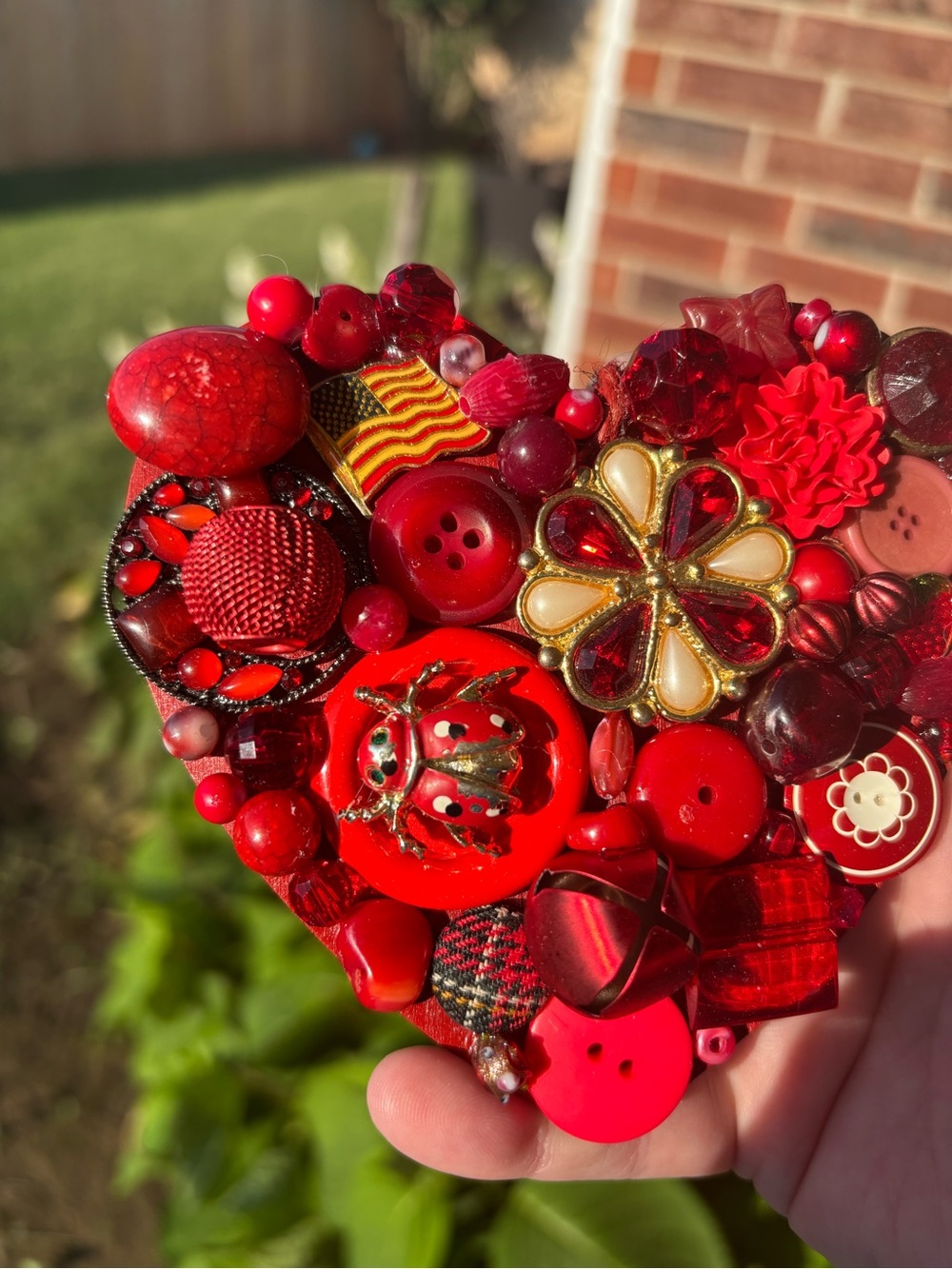 Hand Crafted Red Heart Ornament with Vintage Beads, Buttons, and Jewelry!! - Picture 3 of 5
